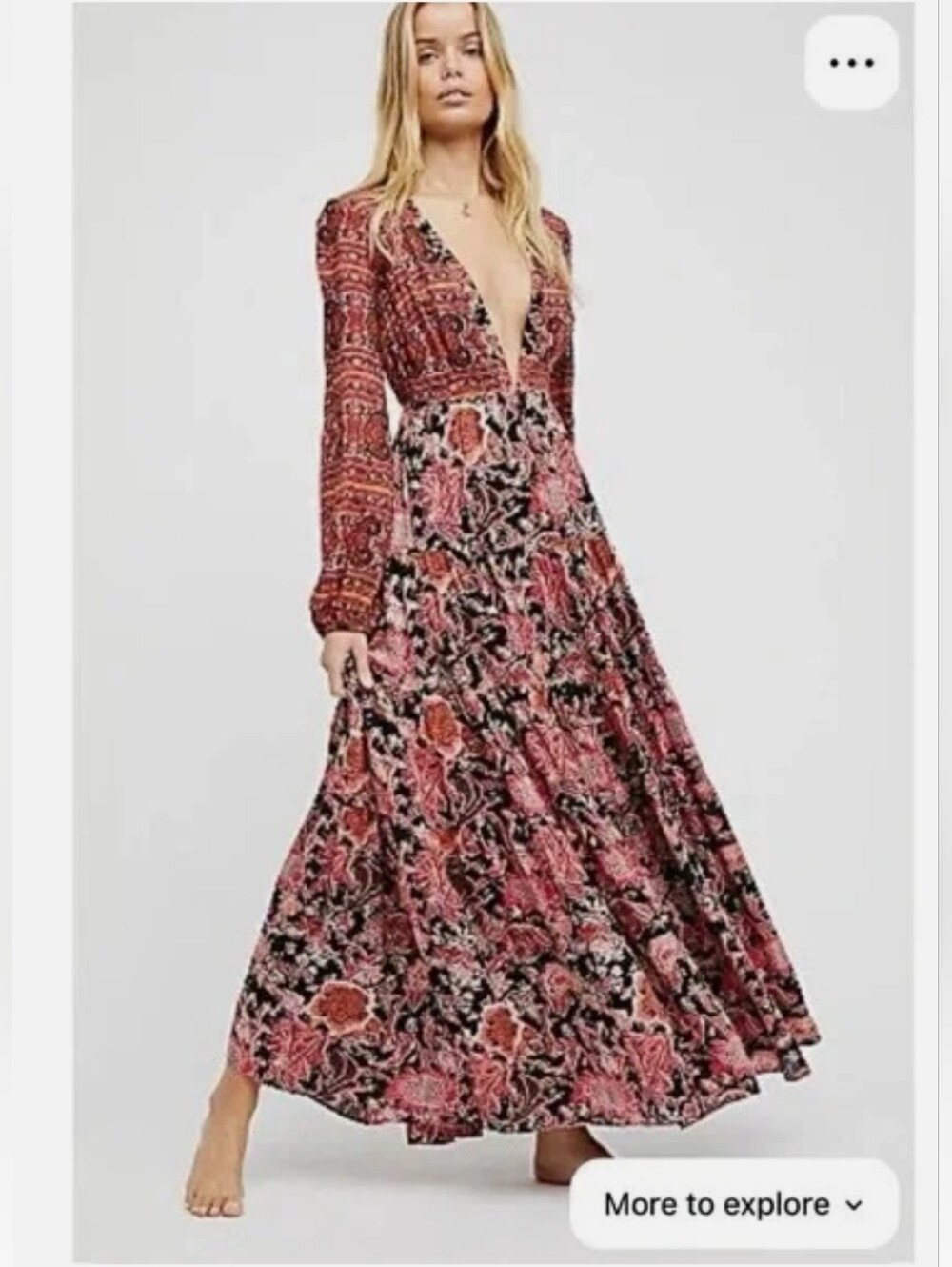 Free People Dove V Neck Long Sleeves Floral Maxi Dress Peasant Country Small